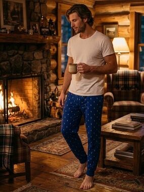 Polo Ralph Lauren All Over Pony Pants Men M Print Sleepwear Joggers Blue Pockets
